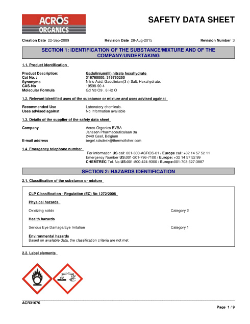 First page of Gadolinium(III) nitrate hexahydrate | SDS | CAS 19598-90-4 | Acros-Organics | 316760000; 316760250 | English | 28-Aug-2015 · Revision 3
