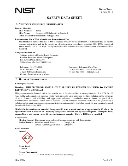 First page of Europium-152 Radioactivity Standard | SDS | National Institute of Standards and Technology (NIST) | SRM 4370c | English | 19 June 2015