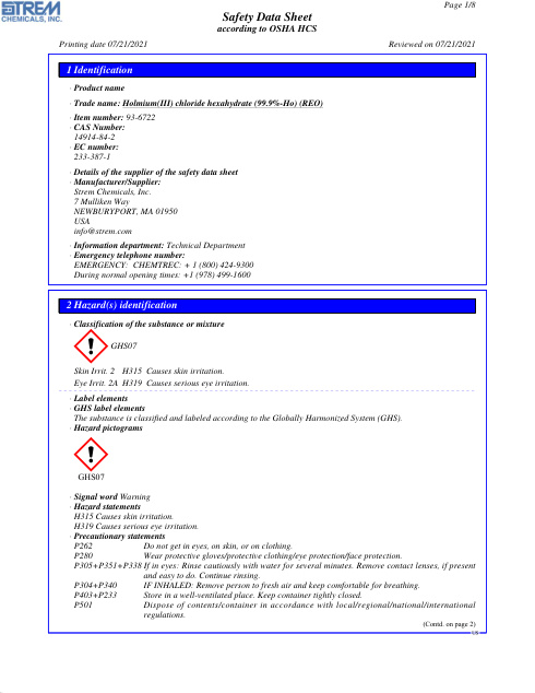 First page of Holmium(III) chloride hexahydrate (99.9%-Ho) (REO) 93-6722 SDS – Strem Chemicals, Inc.