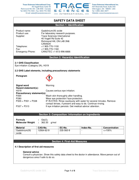 First page of Gadolinium(III) oxide | SDS | CAS 12064-62-9 | Trace Sciences | English