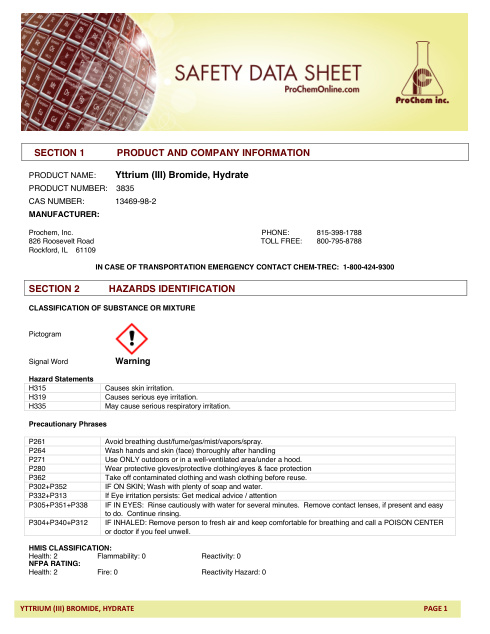 First page of Yttrium (III) Bromide, Hydrate 3835 SDS – ProChem, Inc.