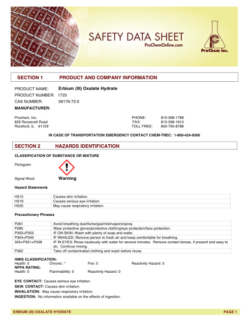 First page of Erbium (III) Oxalate Hydrate 1723 SDS – ProChem, Inc.