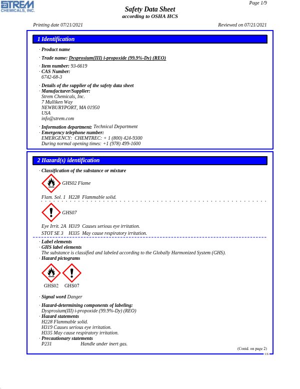 First page of · Trade name: Dysprosium(III) i-propoxide (99.9%-Dy) (REO) 93-6619 SDS – Strem Chemicals, Inc.