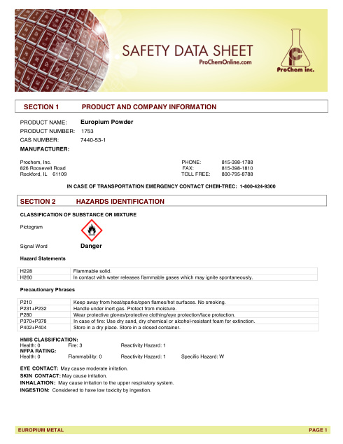 First page of Europium Powder 1753 SDS – ProChem, Inc.