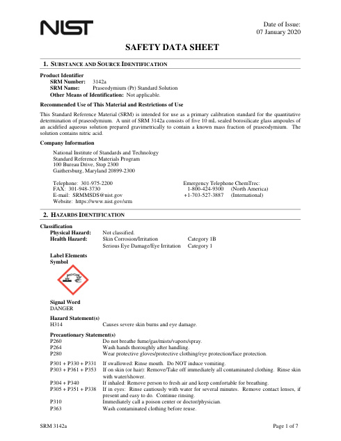 First page of Praseodymium (Pr) Standard Solution | SDS | National Institute of Standards and Technology (NIST) | SRM 3142a | English | 07 January 2020