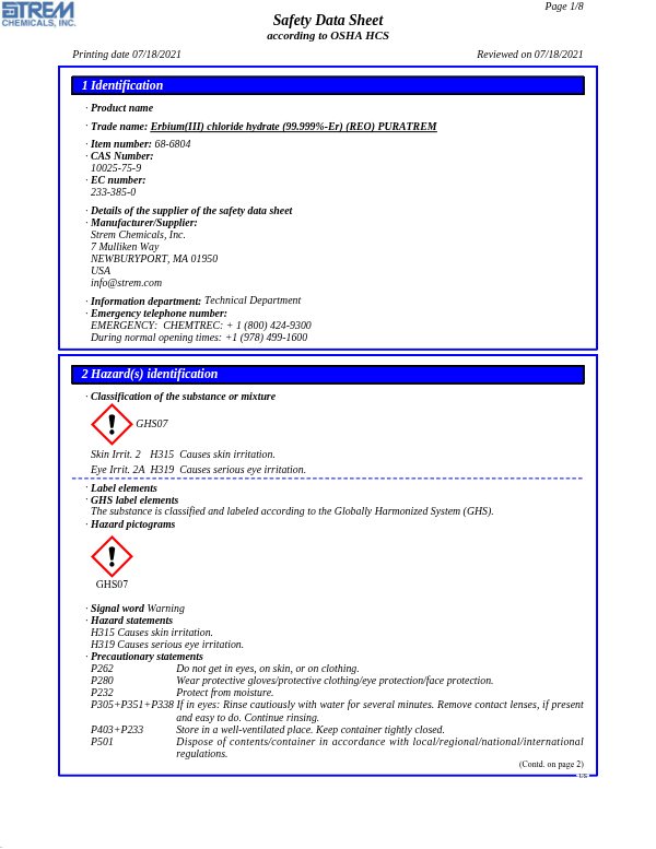 First page of · Trade name: Erbium(III) chloride hydrate (99.999%-Er) (REO) PURATREM 68-6804 SDS – Strem Chemicals, Inc.