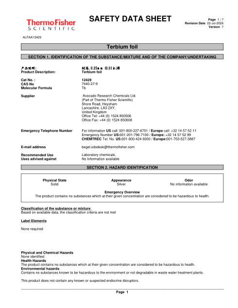 First page of Terbium foil ALFAA12429 SDS – Avocado Research Chemicals Ltd. (Part of Thermo Fisher Scientific)