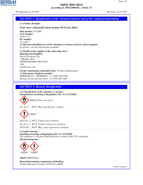 First page of Erbium(III) nitrate hydrate (99.9%-Er) (REO) 93-6808 SDS – Strem Chemicals, Inc.