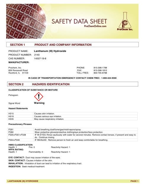 First page of Lanthanum (III) Hydroxide 2140 SDS – ProChem, Inc.