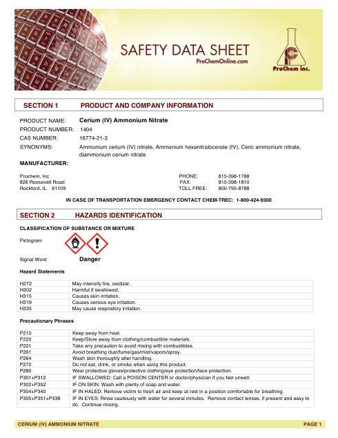 First page of Cerium (IV) Ammonium Nitrate 1404 SDS – ProChem, Inc.