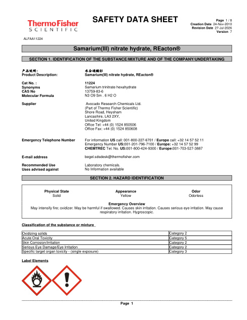 First page of Samarium(III) nitrate hydrate, REacton® ALFAA11224 SDS – Avocado Research Chemicals Ltd. (Part of Thermo Fisher Scientific)
