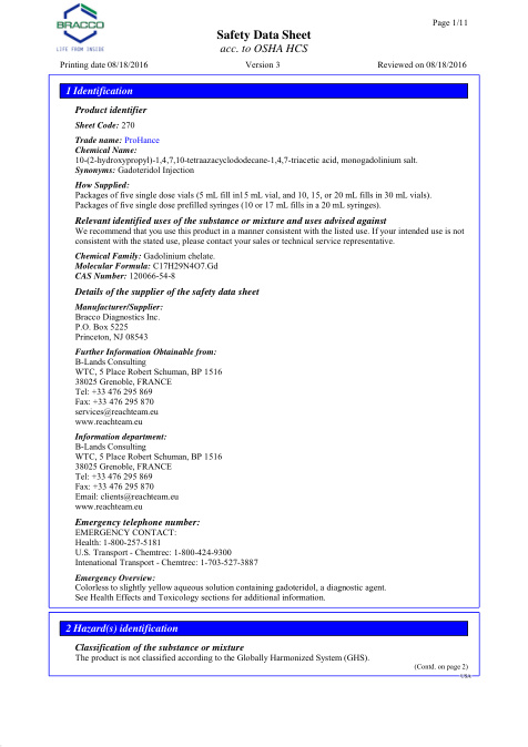 First page of ProHance - Gadoteridol injection | SDS | Bracco | Sheet Code: 270 | English | 08/18/2016 · Version 3
