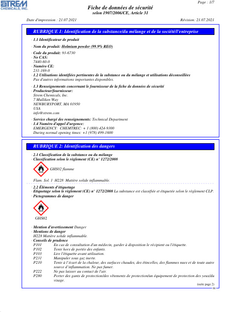 First page of Holmium powder (99.9% REO) 93-6730 SDS – Strem Chemicals, Inc.