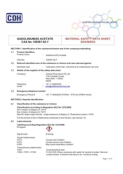 First page of Gadolinium(III) Acetate | SDS | CAS 100587-93-7 | CDH | English