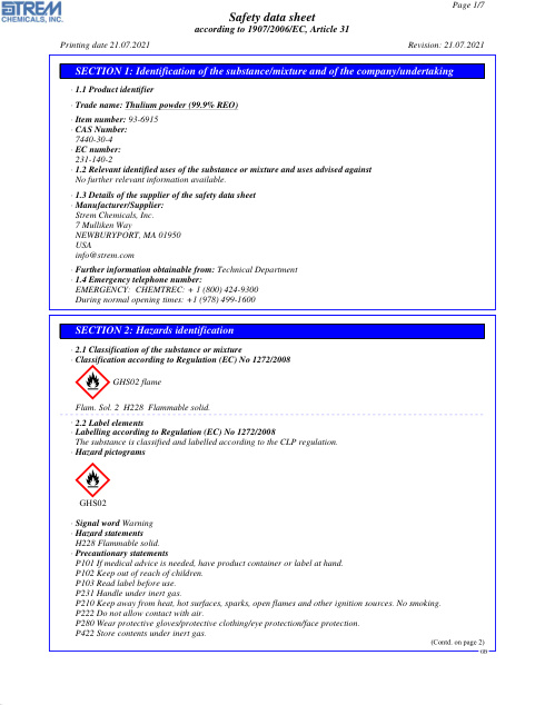First page of Thulium powder (99.9% REO) 93-6915 SDS – Strem Chemicals, Inc.