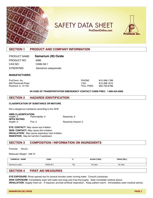 First page of Samarium (III) Oxide 3096 SDS – ProChem, Inc.