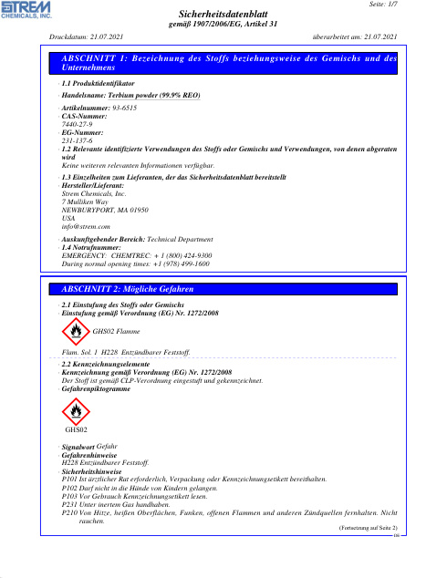 First page of Terbium powder (99.9% REO) 93-6515 SDS – Strem Chemicals, Inc.