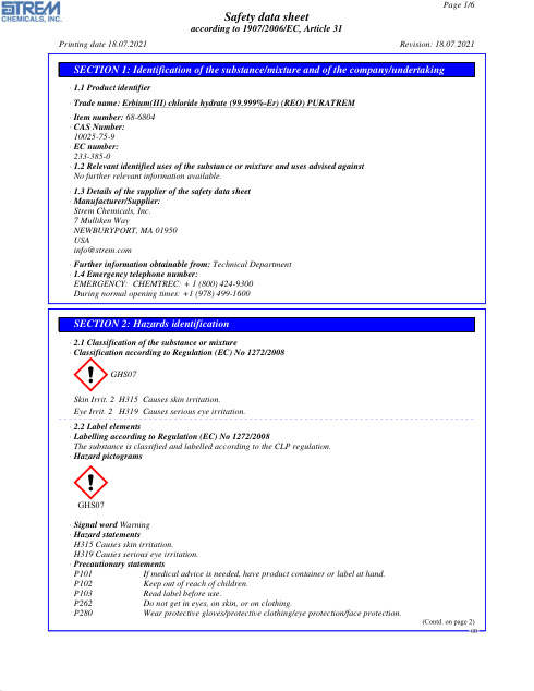 First page of Erbium(III) chloride hydrate (99.999%-Er) (REO) PURATREM 68-6804 SDS – Strem Chemicals, Inc.
