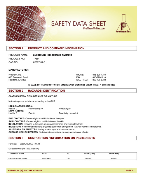 First page of Europium (III) acetate hydrate 1760 SDS – ProChem, Inc.