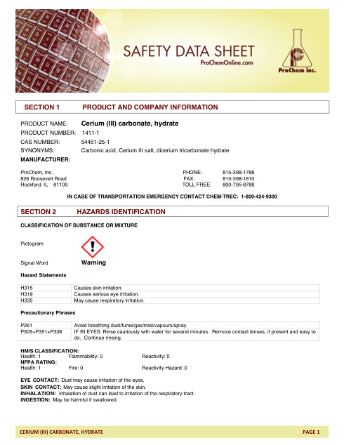 First page of Cerium (III) carbonate, hydrate 1411-1 SDS – ProChem, Inc.