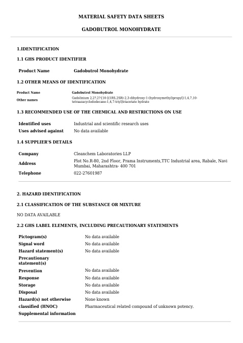 First page of Gadobutrol Monohydrate | SDS | CAS 198637-52-4 | Cleanchem | English