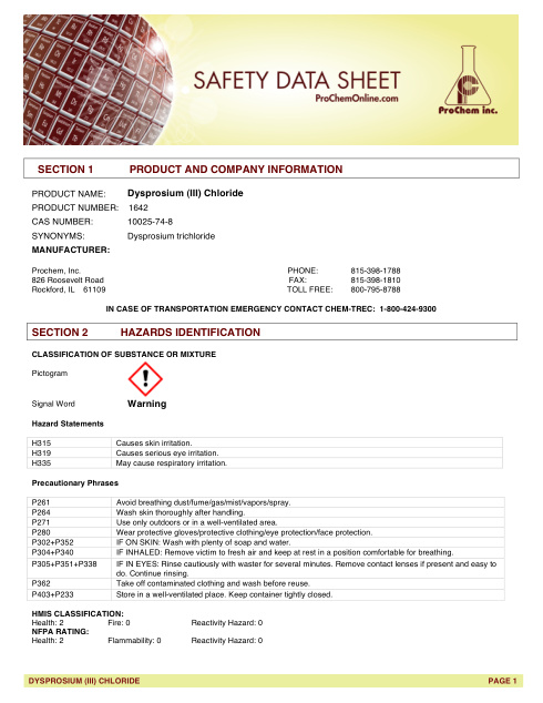 First page of Dysprosium (III) Chloride 1642 SDS – ProChem, Inc.