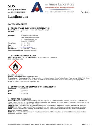 First page of Lanthanum (La) Metal — Safety Data Sheet (SDS)