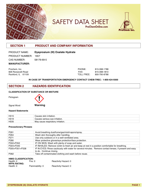 First page of Dysprosium (III) Oxalate Hydrate 1657 SDS – ProChem, Inc.