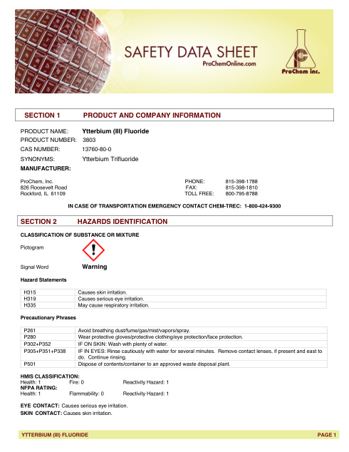 First page of Ytterbium (III) Fluoride 3803 SDS – ProChem, Inc.