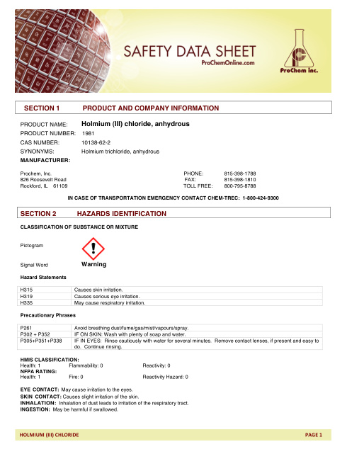 First page of Holmium (III) chloride, anhydrous 1981 SDS – ProChem, Inc.