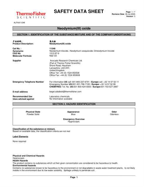 First page of Neodymium(III) oxide ALFAA11248 SDS – Avocado Research Chemicals Ltd. (Part of Thermo Fisher Scientific)
