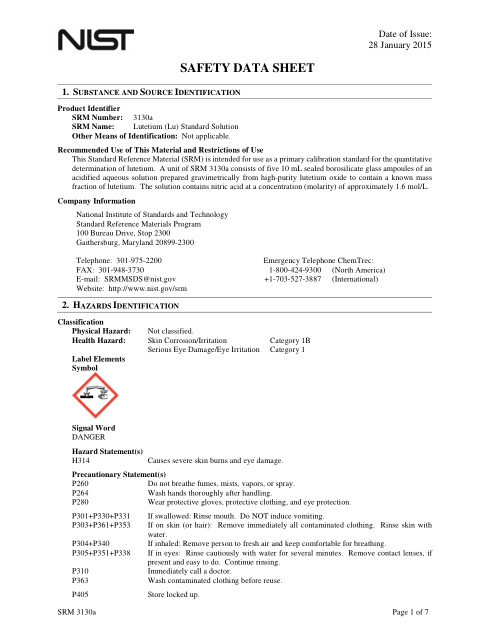 First page of Lutetium (Lu) Standard Solution | SDS | National Institute of Standards and Technology (NIST) | SRM 3130a | English | 28 January 2015