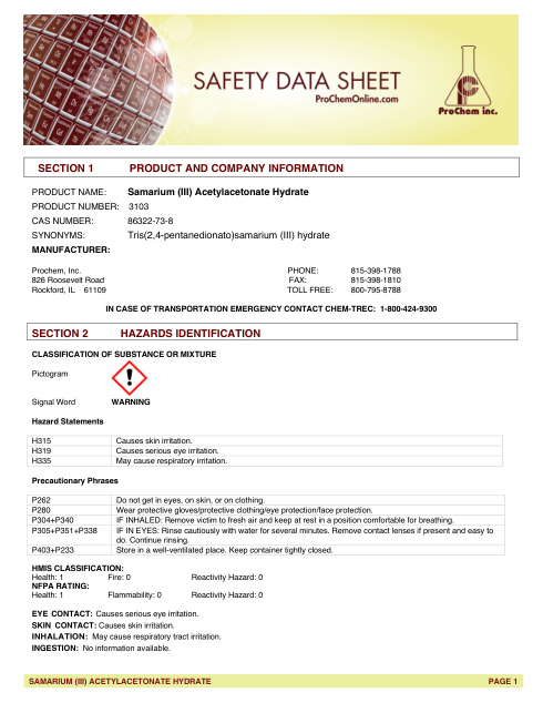 First page of Samarium (III) Acetylacetonate Hydrate 3103 SDS – ProChem, Inc.