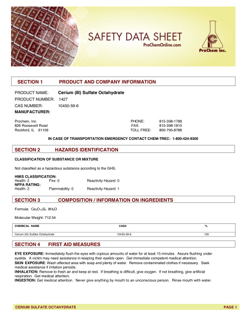 First page of Cerium (III) Sulfate Octahydrate 1427 SDS – ProChem, Inc.