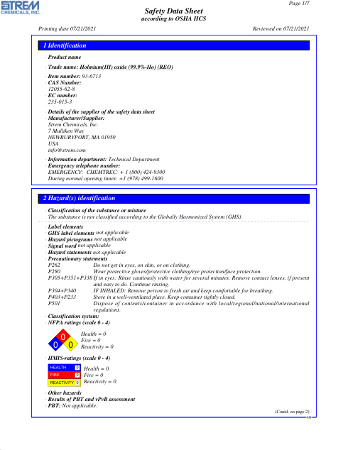 First page of Holmium(III) oxide (99.9%-Ho) (REO) 93-6713 SDS – Strem Chemicals, Inc.