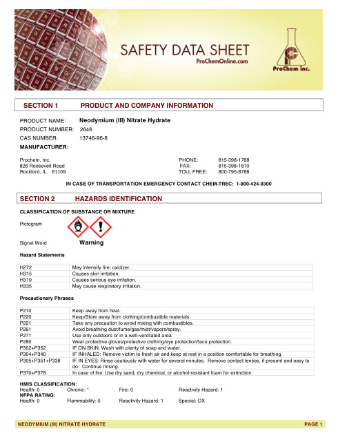 First page of Neodymium (III) Nitrate Hydrate 2646 SDS – ProChem, Inc.