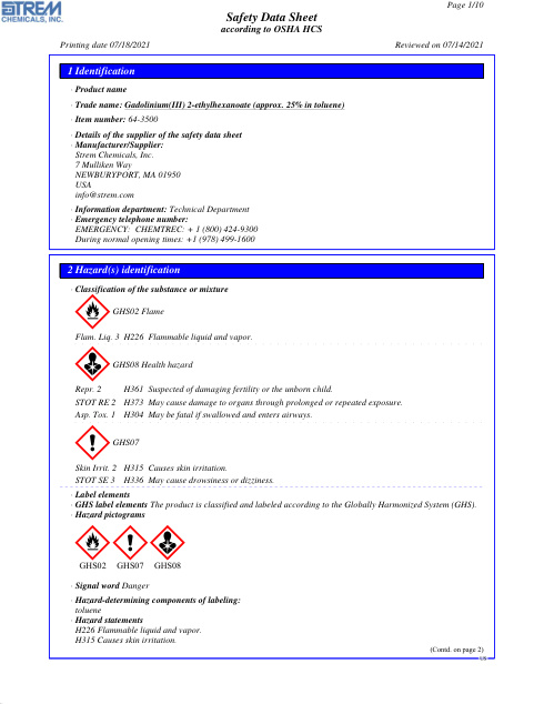 First page of Gadolinium(III) 2-ethylhexanoate (approx. 25% in toluene) 64-3500 SDS – Strem Chemicals, Inc.
