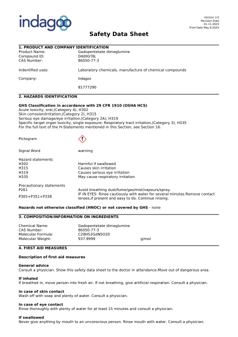 First page of Gadopentetate dimeglumine | SDS | CAS 86050-77-3 | Indagoo | DA00GT8L | English | 01.11.2024 · Version 3.0