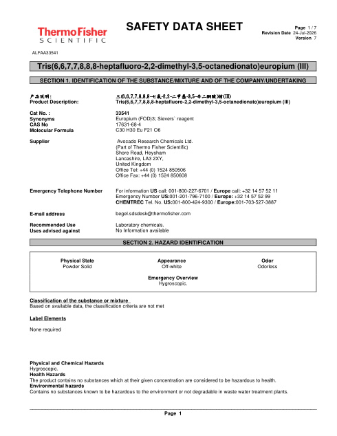 First page of Tris(6,6,7,7,8,8,8-heptafluoro-2,2-dimethyl-3,5-octanedionato)europium (III) ALFAA33541 SDS – Avocado Research Chemicals Ltd. (Part of Thermo Fisher Scientific)