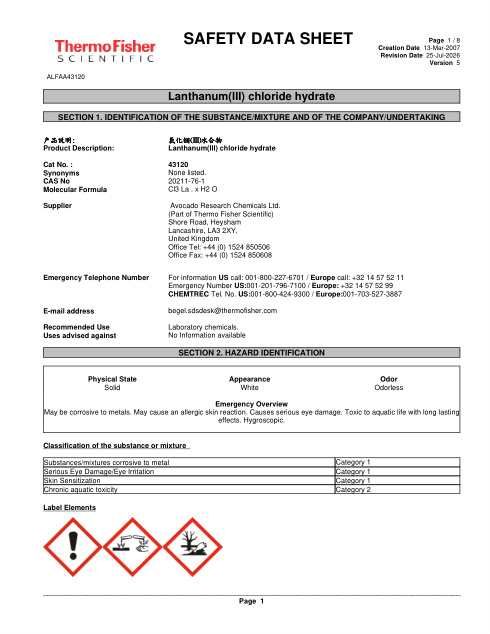 First page of Lanthanum(III) chloride hydrate ALFAA43120 SDS – Avocado Research Chemicals Ltd. (Part of Thermo Fisher Scientific)