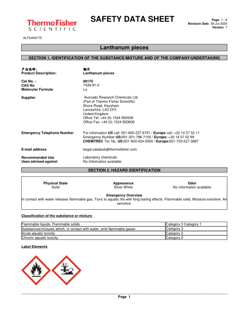 First page of Lanthanum pieces ALFAA00175 SDS – Avocado Research Chemicals Ltd. (Part of Thermo Fisher Scientific)