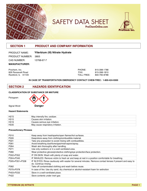 First page of Ytterbium (III) Nitrate Hydrate 3805 SDS – ProChem, Inc.