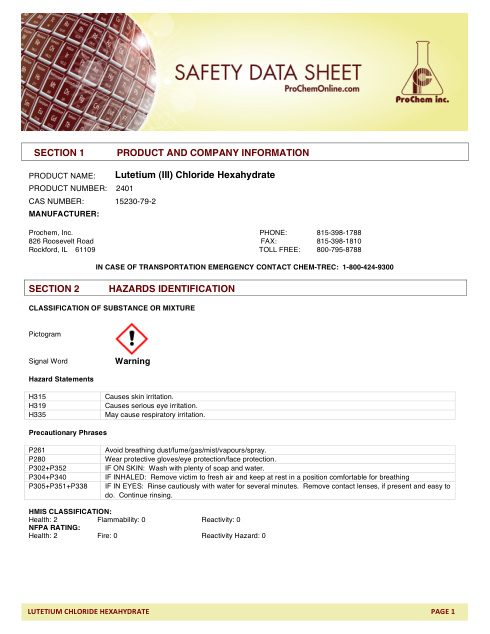 First page of Lutetium (III) Chloride Hexahydrate 2401 SDS – ProChem, Inc.