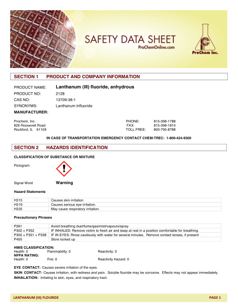 First page of Lanthanum (III) fluoride, anhydrous SDS – ProChem, Inc.
