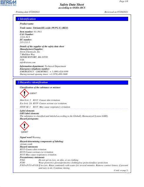 First page of Yttrium(III) oxide (99.9%-Y) (REO) 93-3911 SDS – Strem Chemicals, Inc.