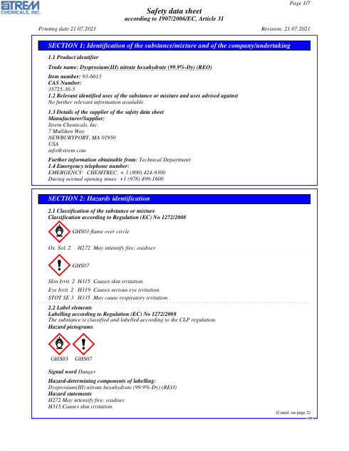First page of Dysprosium(III) nitrate hexahydrate (99.9%-Dy) (REO) 93-6613 SDS – Strem Chemicals, Inc.