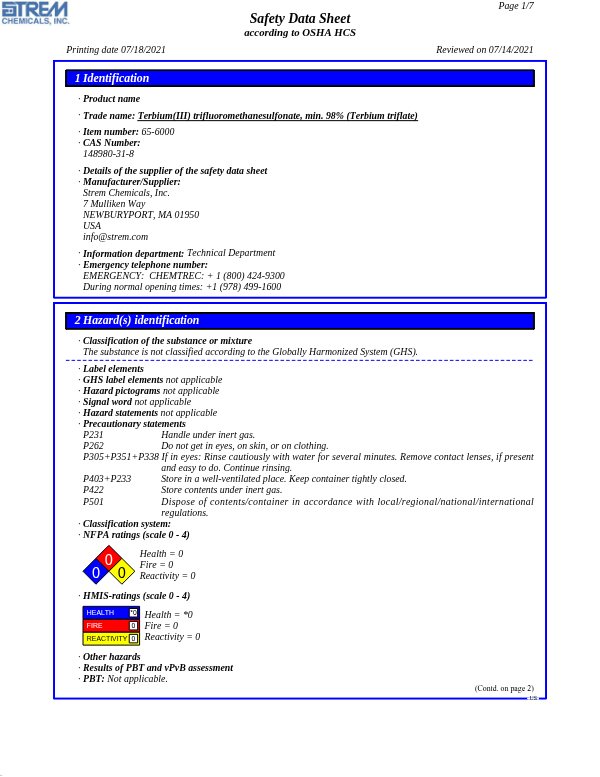 First page of · Trade name: Terbium(III) trifluoromethanesulfonate, min. 98% (Terbium triflate) 65-6000 SDS – Strem Chemicals, Inc.