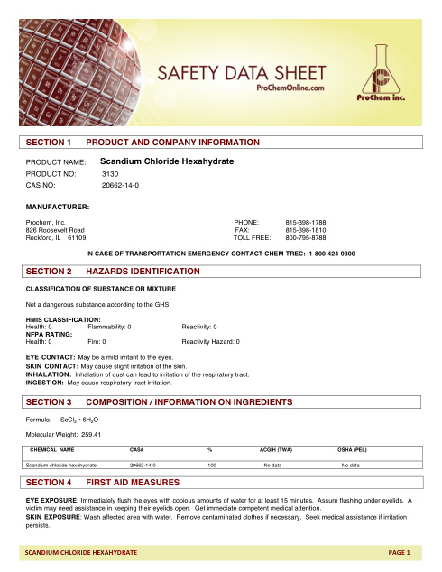 First page of Scandium Chloride Hexahydrate 3130 SDS – ProChem, Inc.