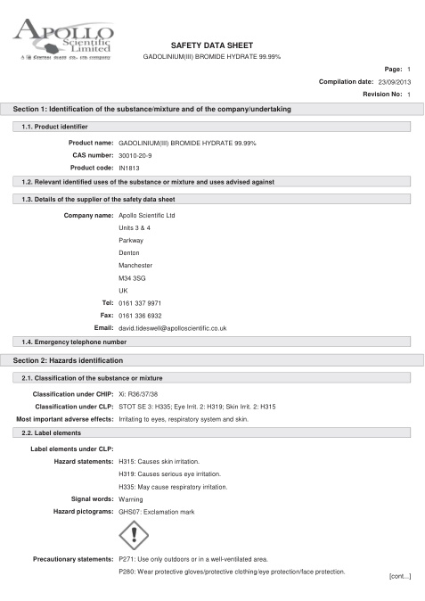 First page of GADOLINIUM(III) BROMIDE HYDRATE 99.99% | SDS | CAS 30010-20-9 | Apollo | IN1813 | English | 23/09/2013