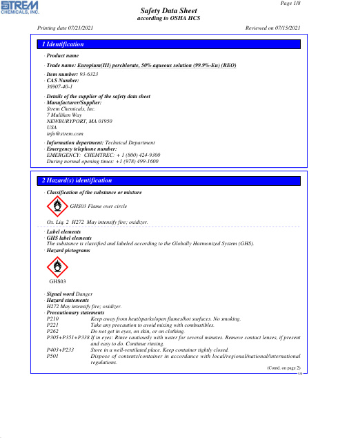 First page of Europium(III) perchlorate, 50% aqueous solution (99.9%-Eu) (REO) 93-6323 SDS – Strem Chemicals, Inc.